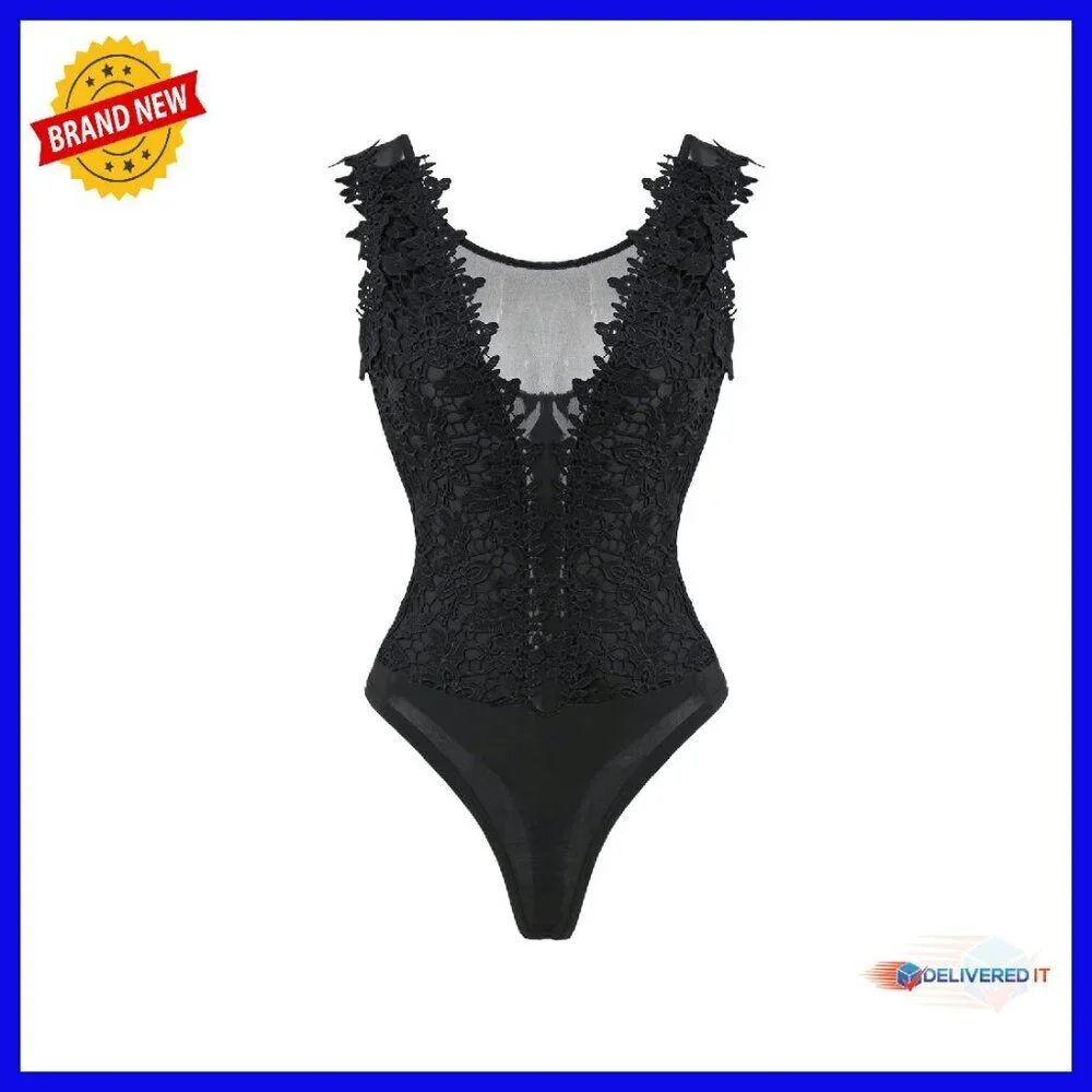 Women's Lace Mesh Bodysuit Jumpsuit Sleeveless Camis Sexy Form-Fitting
